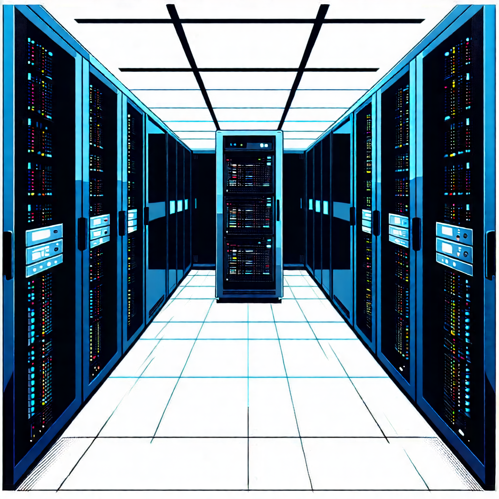 Tech Woodcut Print: (futuristic:1.42) Server Room With Image, There