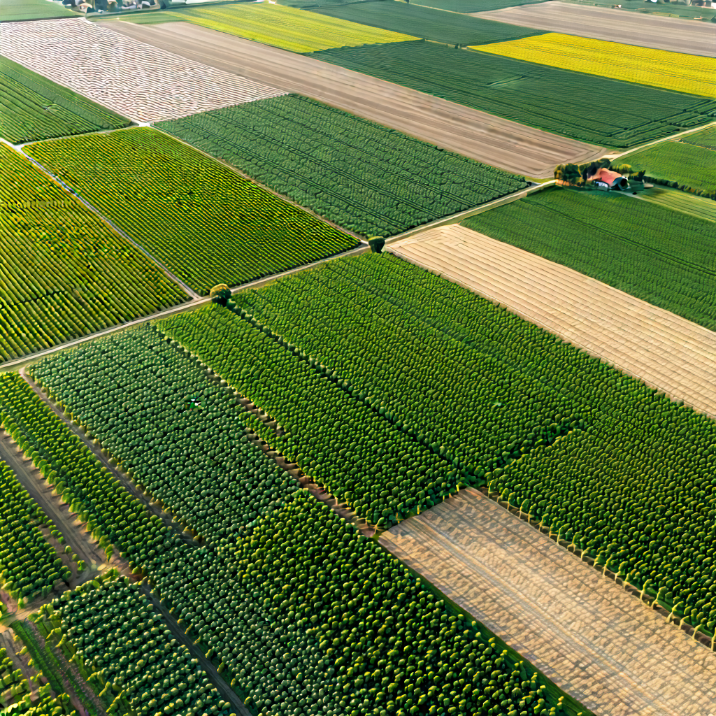 Nature Etching: Aerial View Of Agricultural Fields With Large, Lush