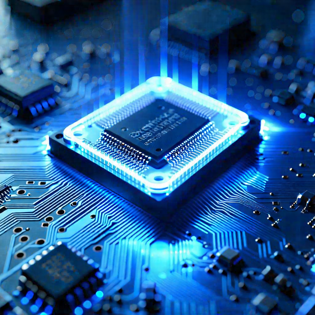 Tech Advertising Photography: Microchip with blue light glow