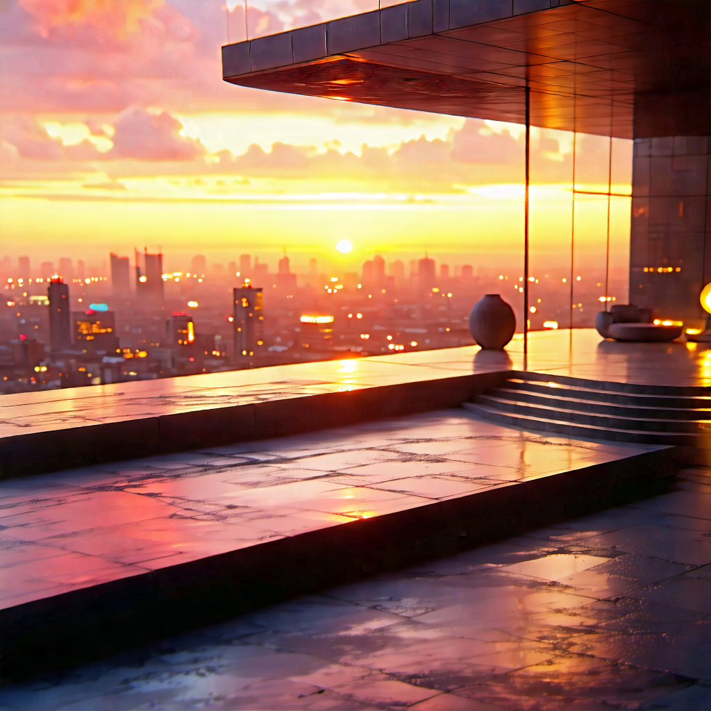 Urban Matte Painting: Observation Deck With Sunset (glow:1.48) With Large Building