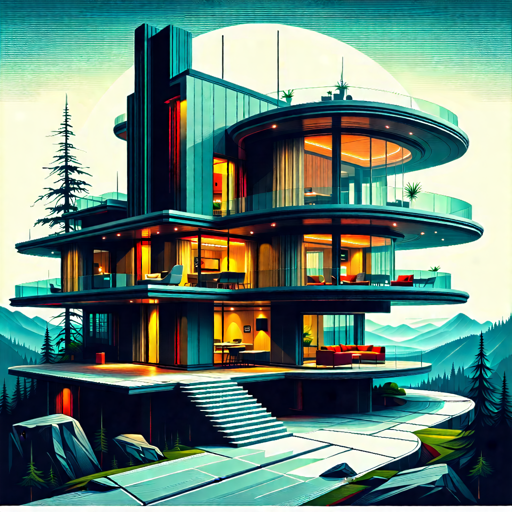 Tech Woodcut Print: (futuristic:1.11) Smart Home With Large, Modern