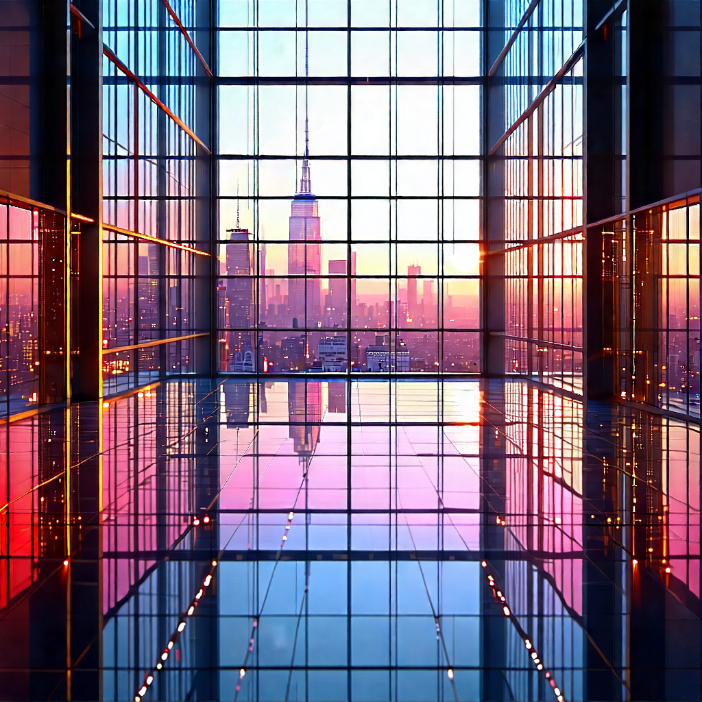 Urban Digital Illustration: Urban Loft With Reflective Glass With Large Glass