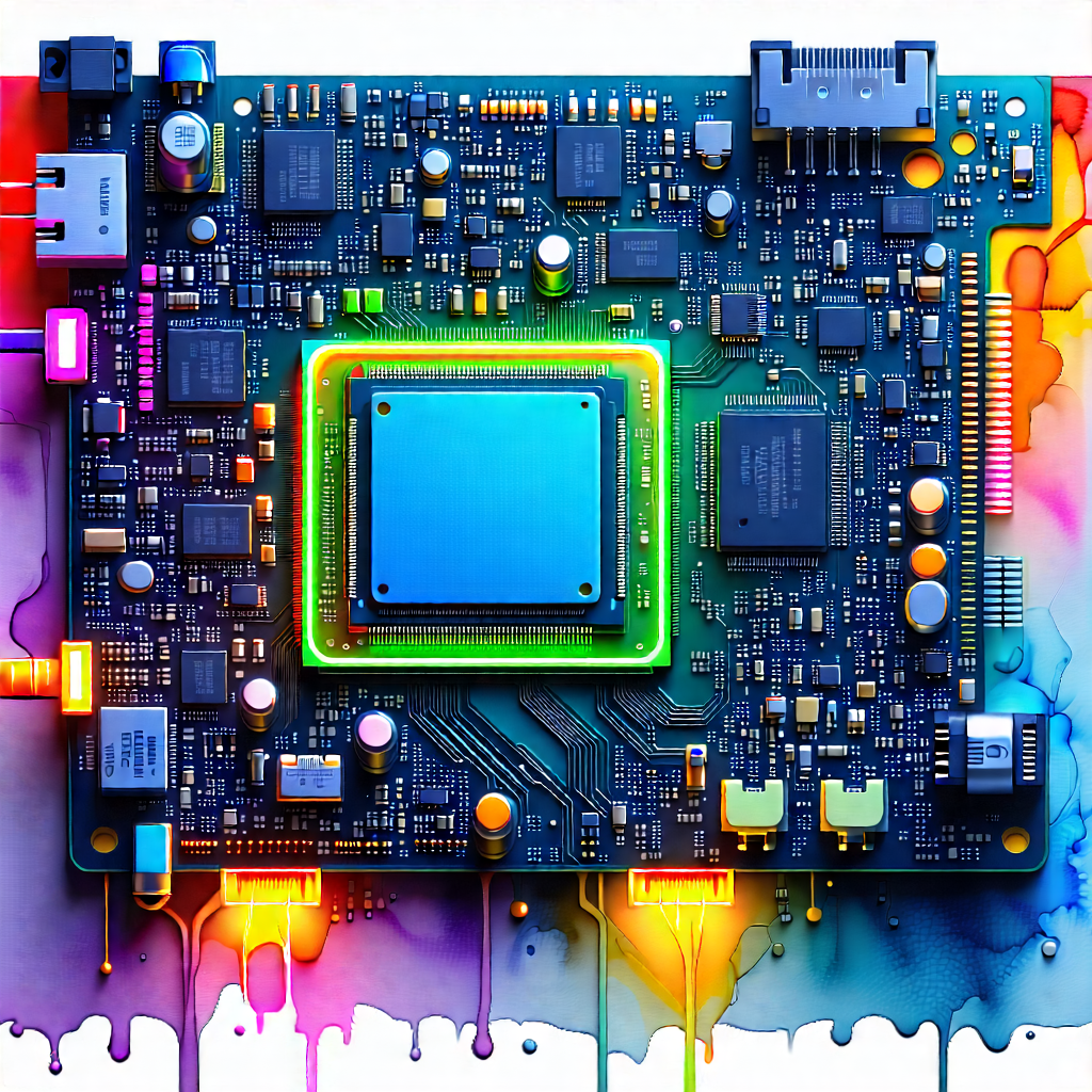Tech Watercolor Painting: Circuit board with neon accents