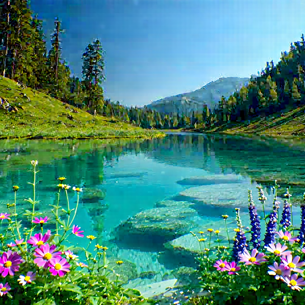 Nature Macro Photography: Crystal Clear Lake Surrounded By Wildflowers With Serene Lake