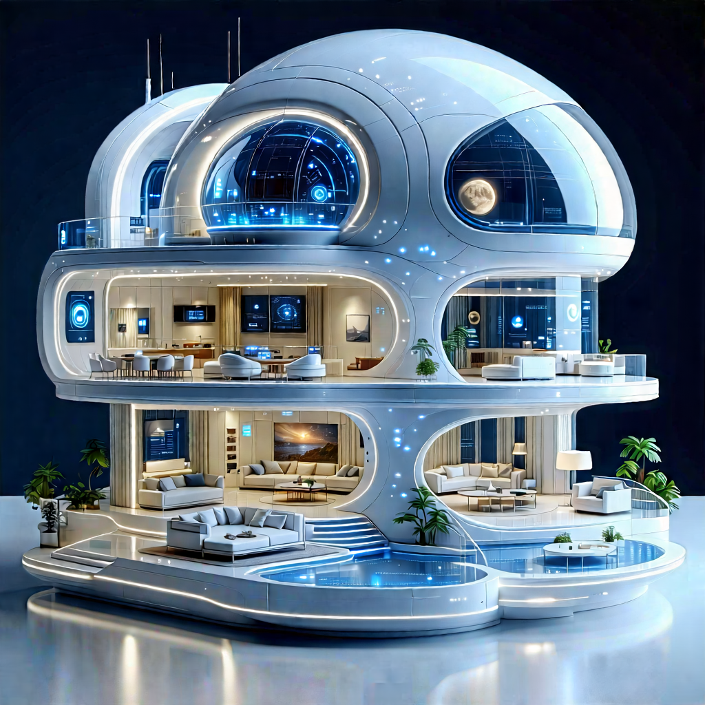 Tech Digital Illustration: (futuristic:1.38) Smart Home With Futuristic, White,
