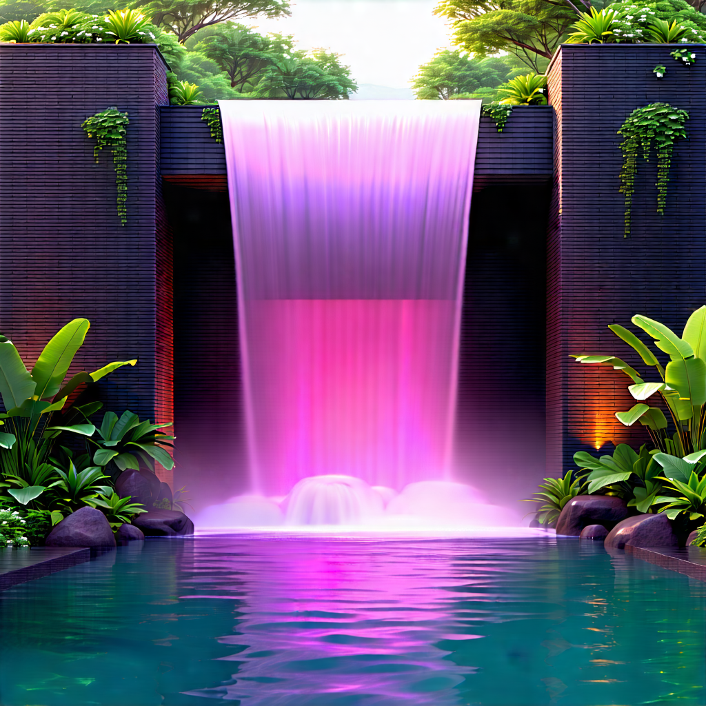 Nature Architectural Photography: Waterfall Pool Surrounded By Lush Vegetation With Large, Purple