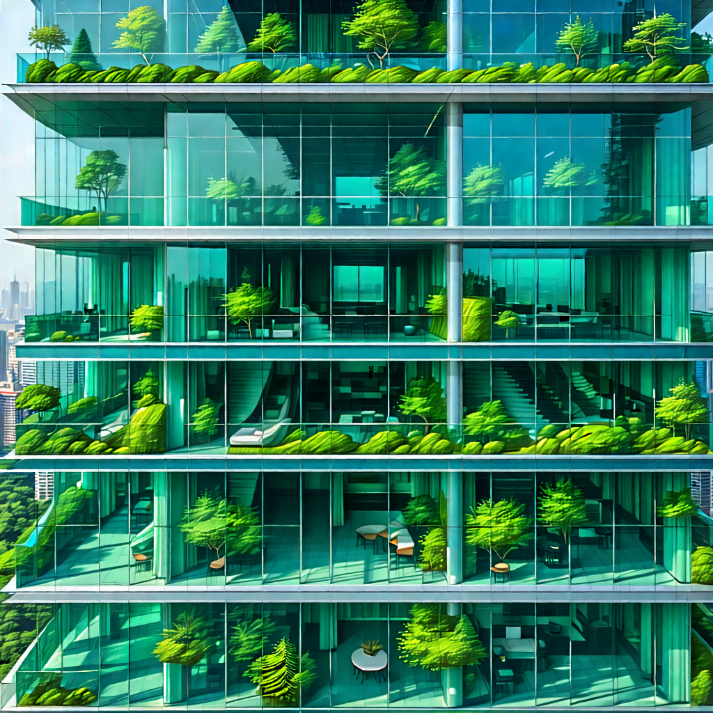 Urban Aerial Photography: Glass Office Tower With Green Rooftop With Large Building
