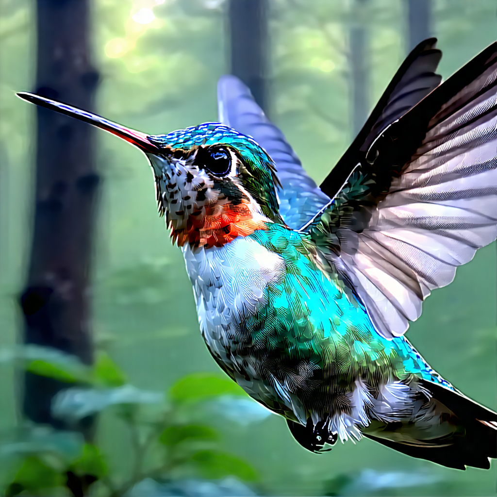 Nature Etching: Hummingbird In Forest Environment With Colorful Hummingbird
