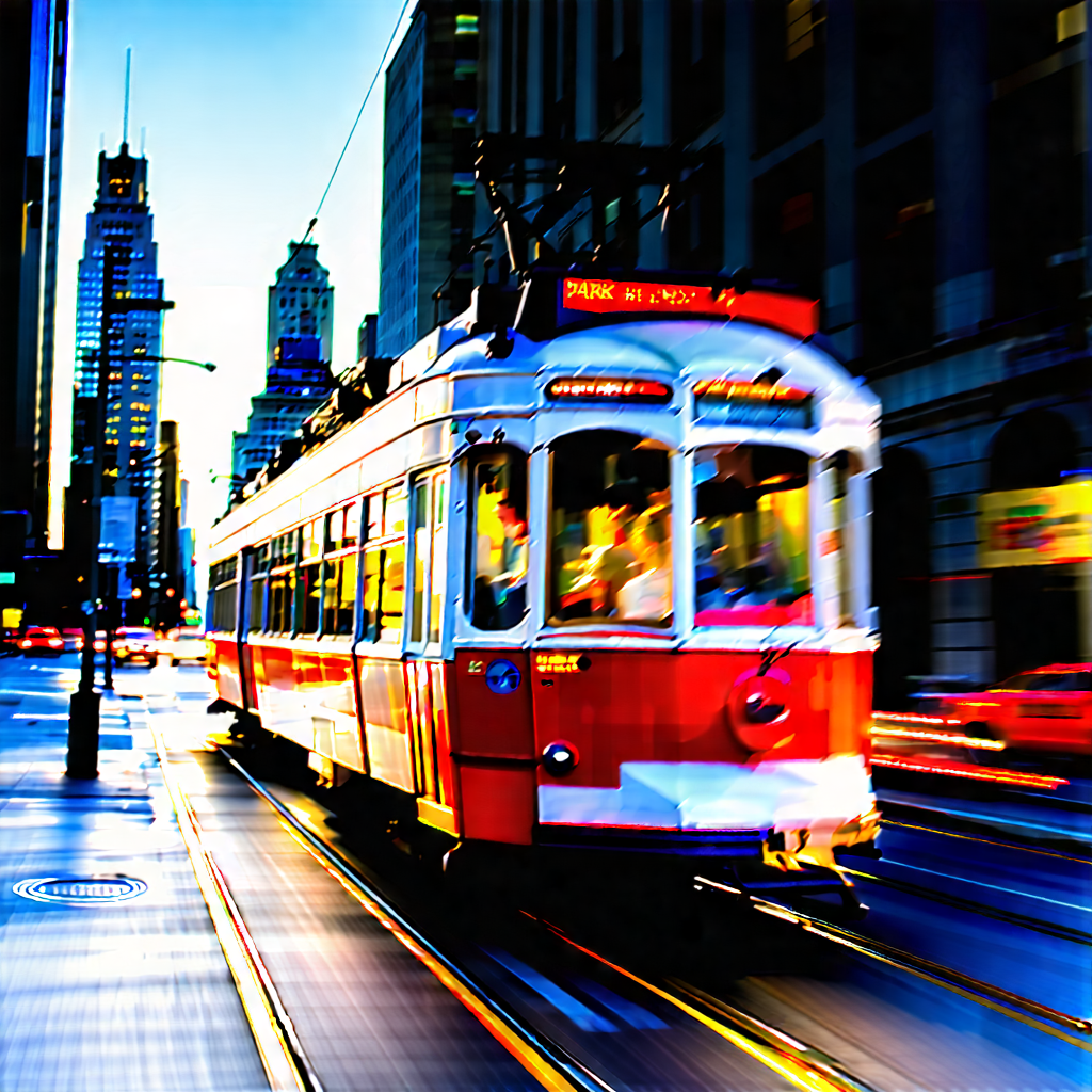 Urban Long Exposure Photography: City Tram In Arts District With White Trolley