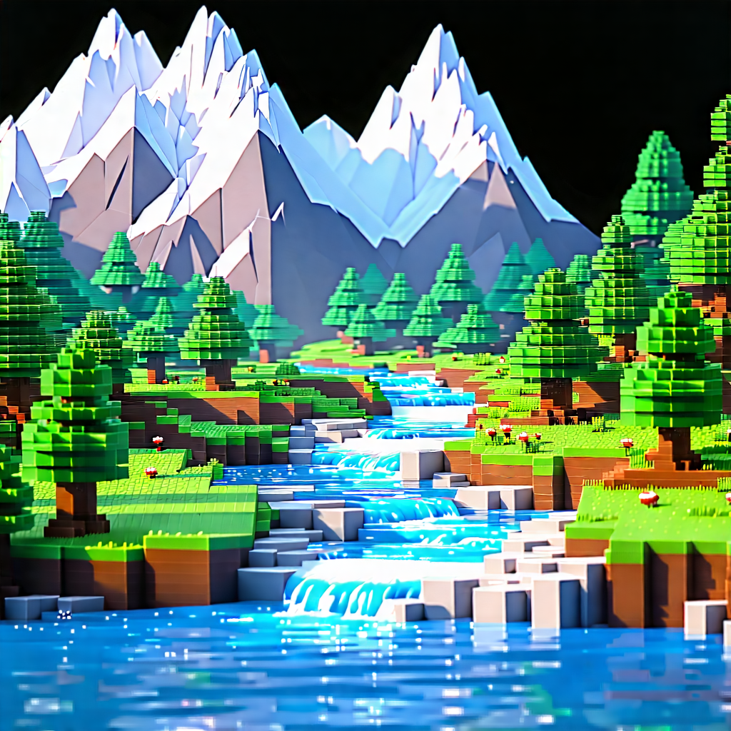 Nature Voxel Art: Mountain Stream Surrounded By Mountain Peaks With Image, There