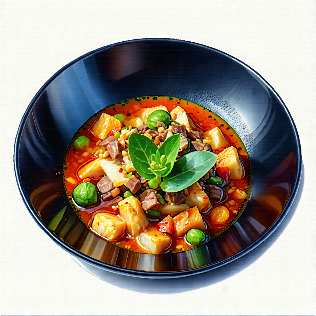 Lifestyle Gouache Painting: Plant-based Dish Prepared With Organic Components With Bowl Soup