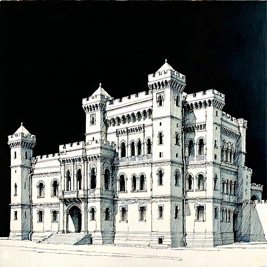 Urban Ink Drawing: Historic Building With Dramatic Lighting With Large, Ornate