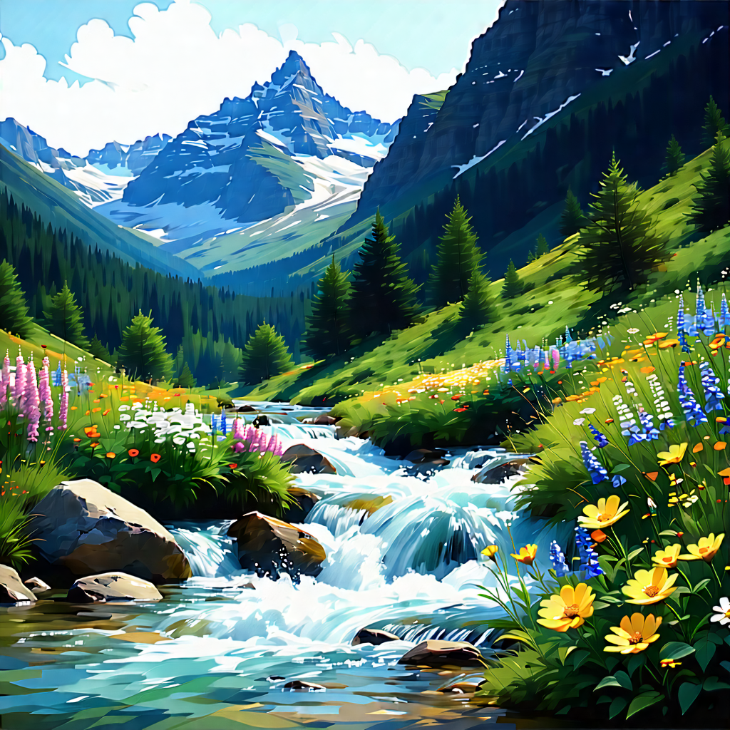 Nature Technical Illustration: Mountain Stream Surrounded By Wildflowers With Beautiful Scene