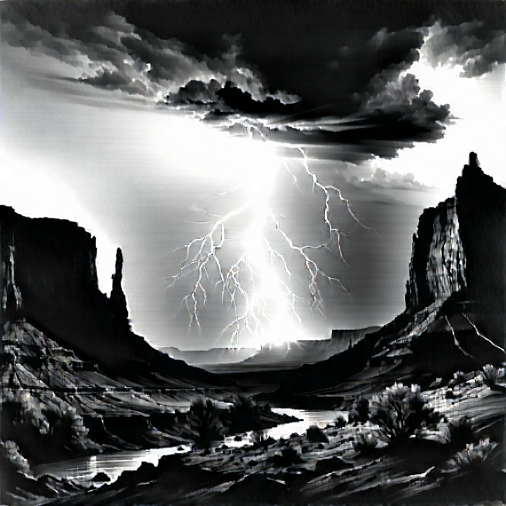 Nature Charcoal Drawing: Lightning Over Canyon Floor With Beautiful Landscape