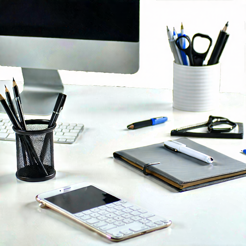 Business Product Photography: Workplace with (modern:1.31) office supplies on desk