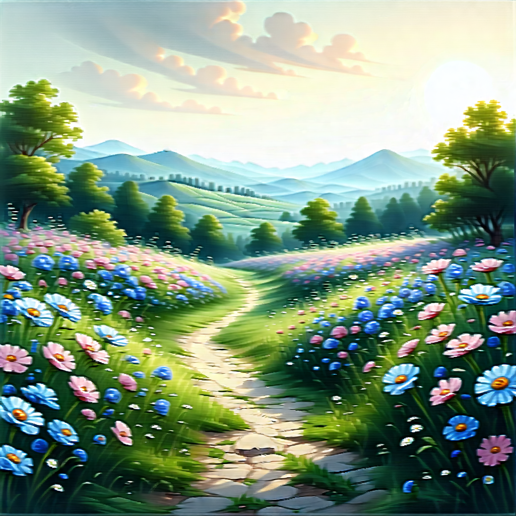 Nature Ink Drawing: Path Through Flowering Meadow With Beautiful, Colorful