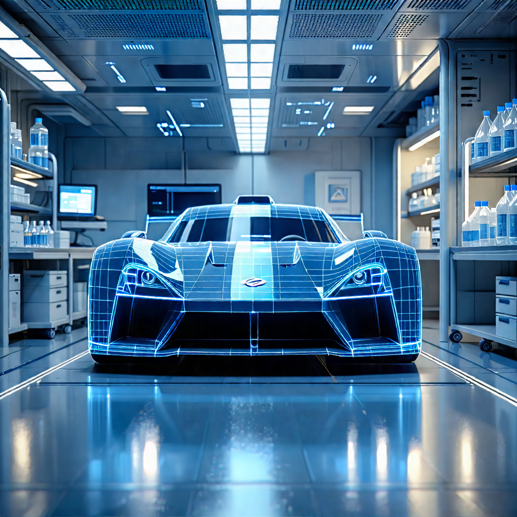 Tech Low Poly: Automotive Technology In Modern Laboratory With Futuristic Racing
