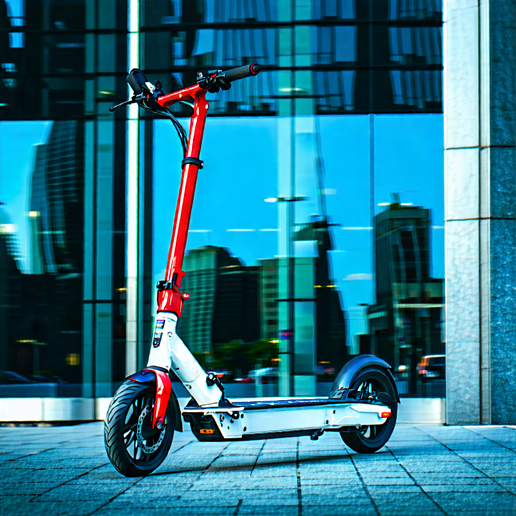 Urban Commercial Photography: (city:1.47) Electric Scooter In Financial District With White Scooter