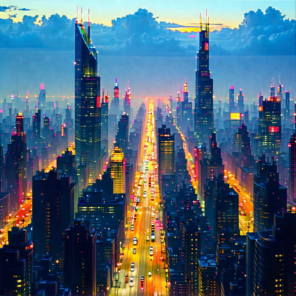 Urban Digital Illustration: Cityscape Of Modern Metropolis During Sunrise With Colorful, Artistic