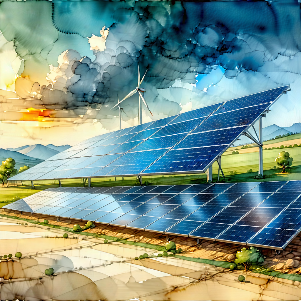 Tech Watercolor Painting: Innovative Renewable Energy Design With Large Solar