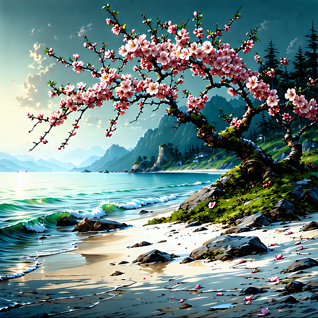 Nature Etching: Cherry Blossoms In Coastal Environment With Beautiful Tree