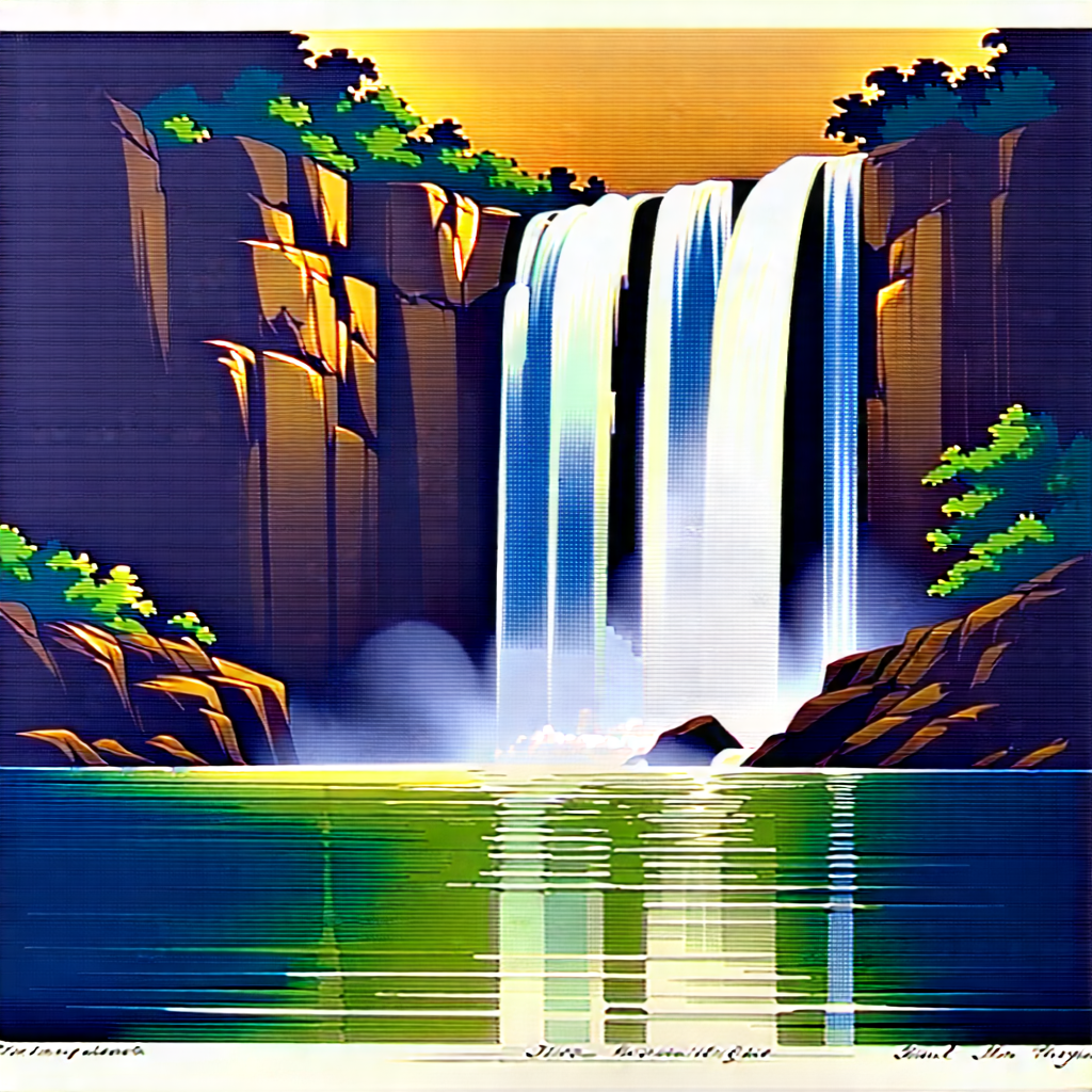 Nature Ink Drawing: Waterfall In Summer With Large Waterfall