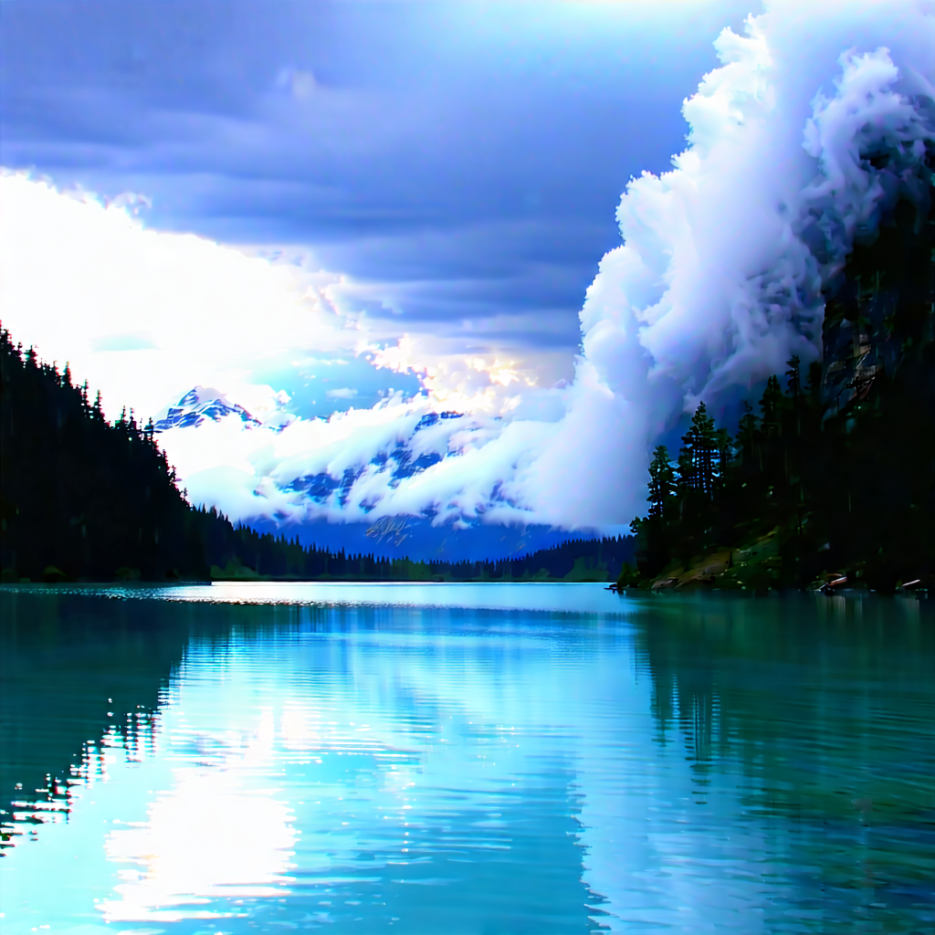 Nature Editorial Photography: Dramatic Clouds Over Alpine Lake With Serene Lake