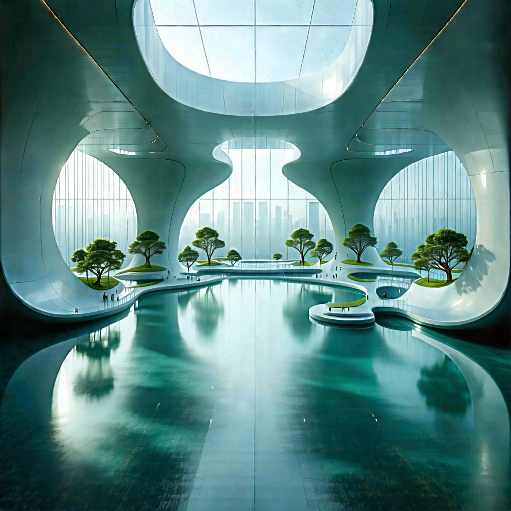 Tech Architectural Photography: (futuristic:1.36) Tech Startup Office With Large, Modern