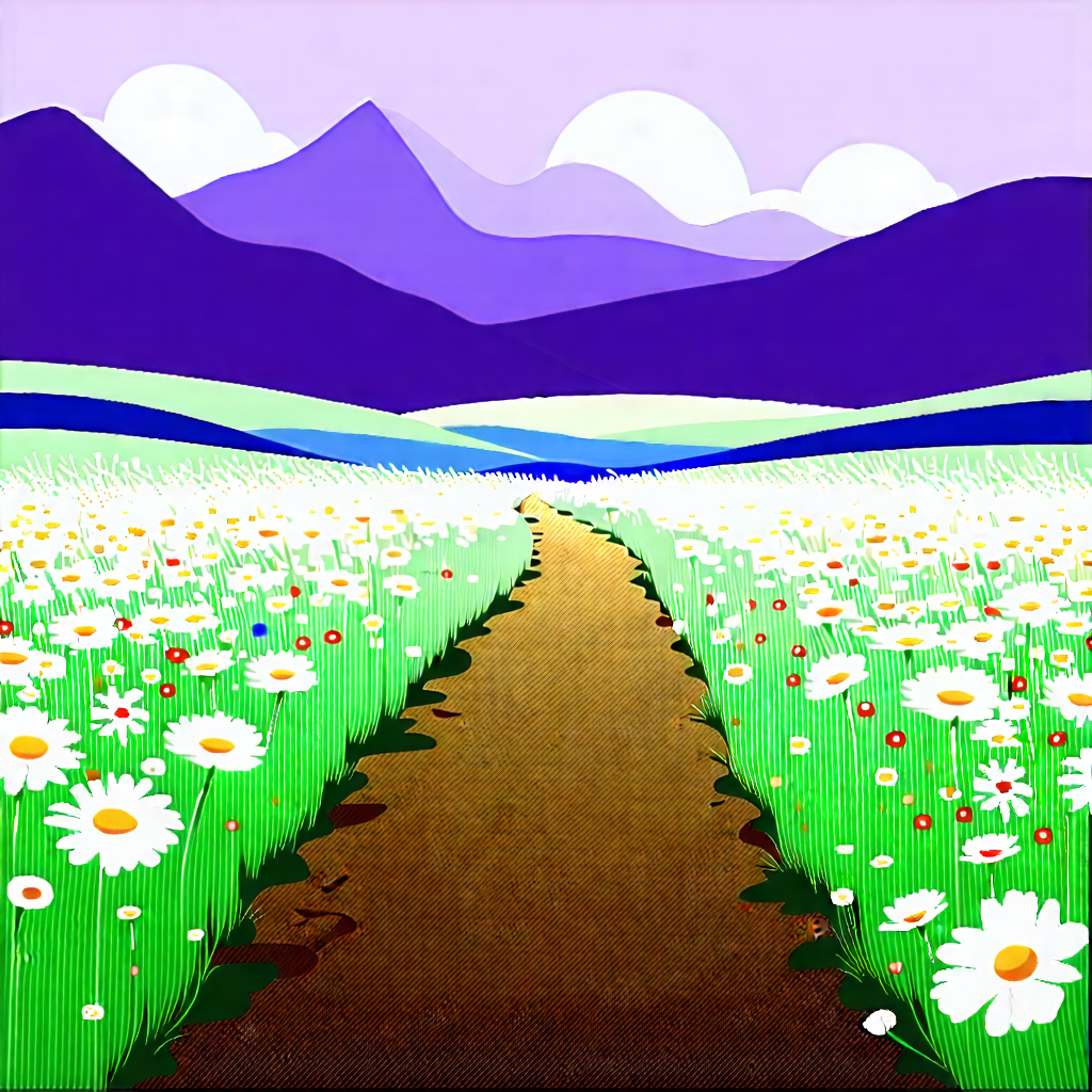 Nature Flat Design: Path Through Flowering Meadow With Beautiful Landscape