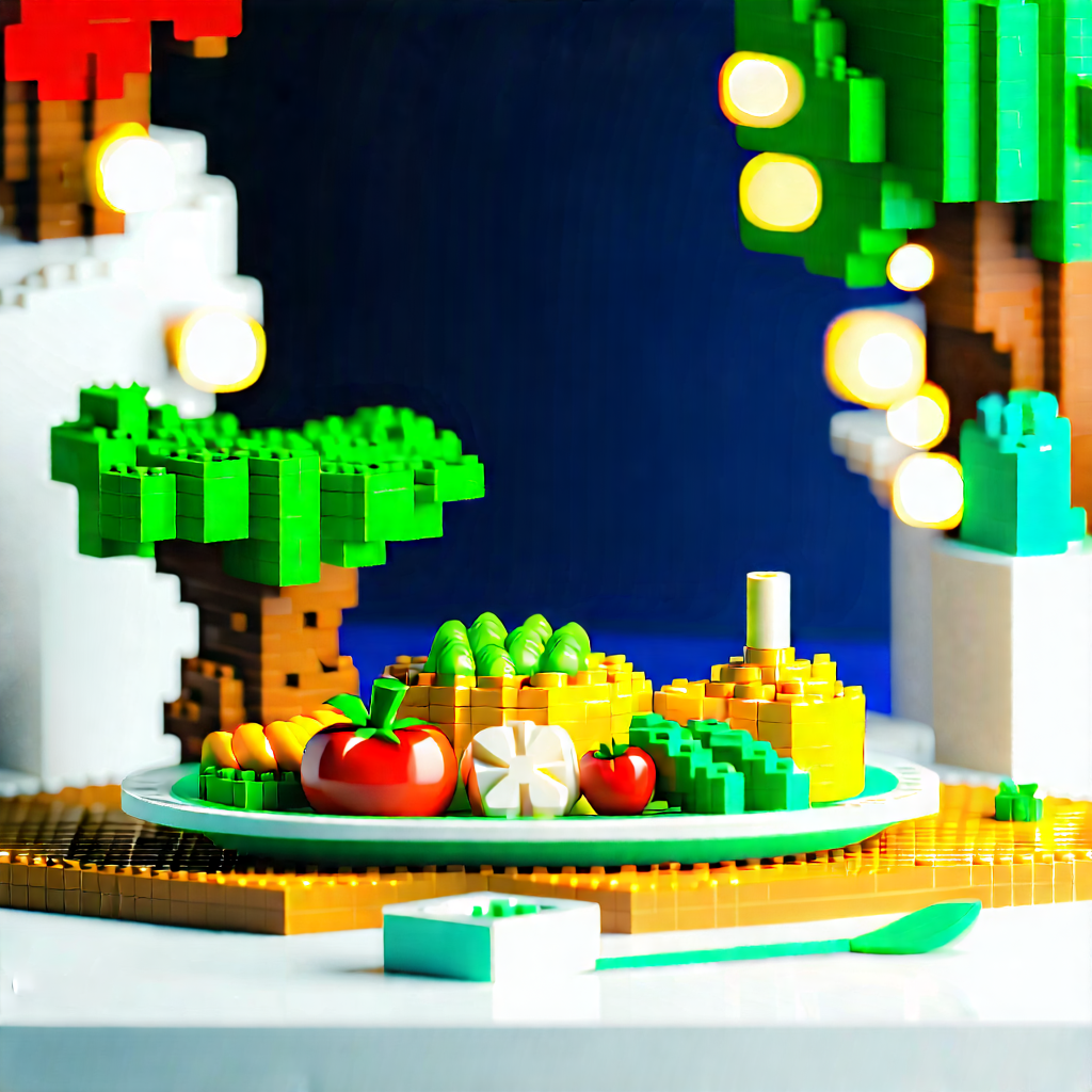 Lifestyle Voxel Art: Farm-to-table meal prepared with fresh ingredients