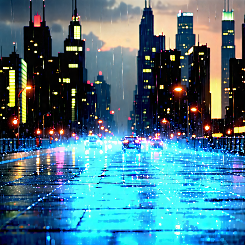 Urban Technical Illustration: Cityscape Of Modern Metropolis During Rainy Evening With City Street