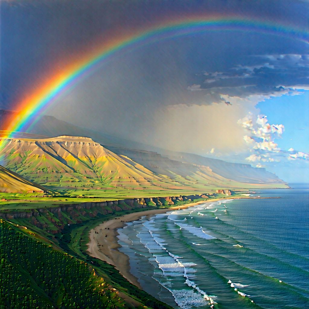 Nature Drone Photography: Rainbow Over Coastline With Beautiful Rainbow