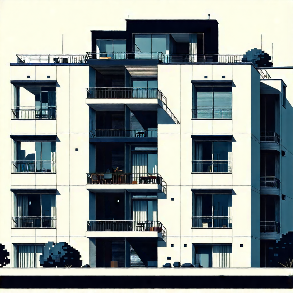 Urban Woodcut Print: (modern:1.36) Apartment Complex With Minimalist Design With Large White