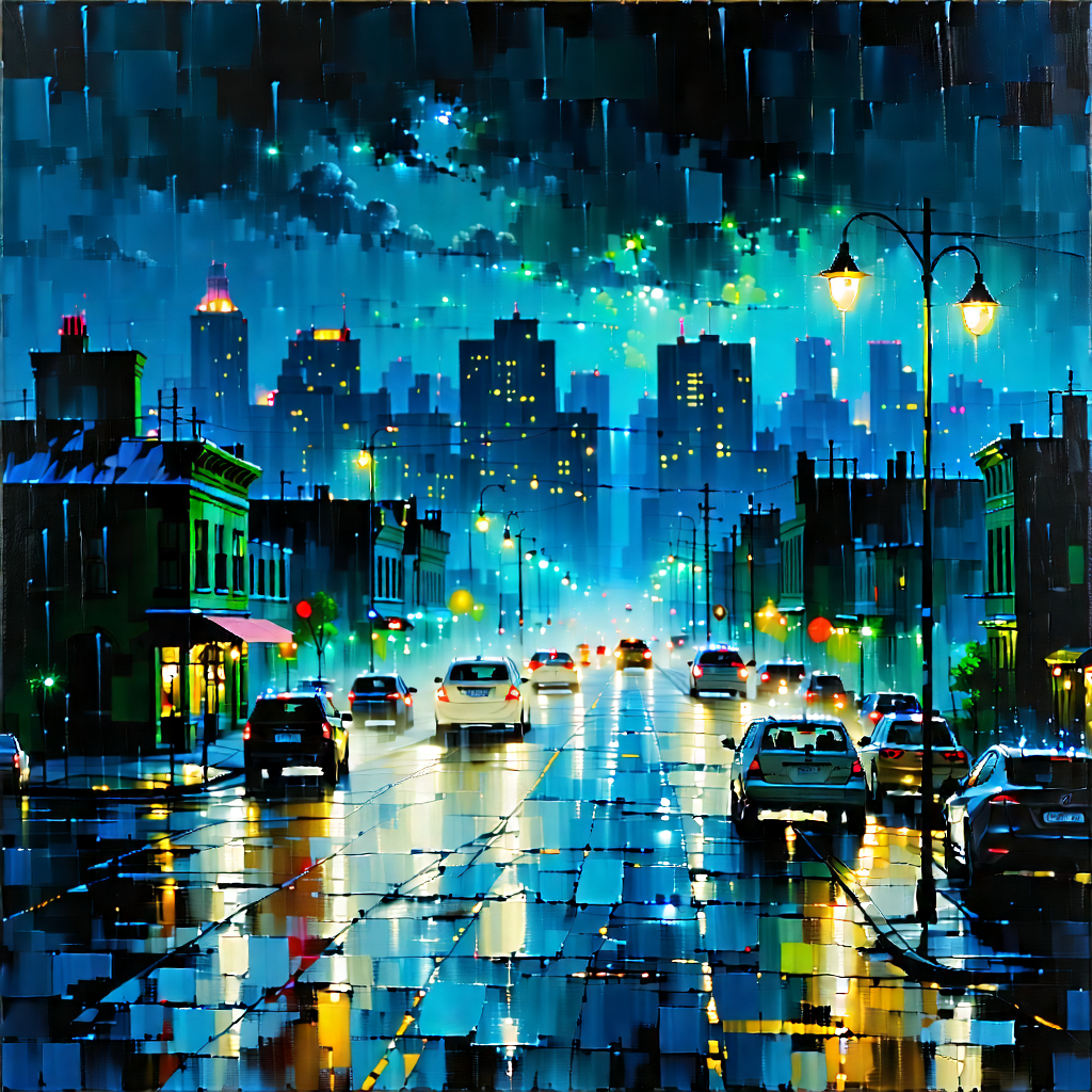 Urban Oil Painting: Cityscape of small town during rainy evening