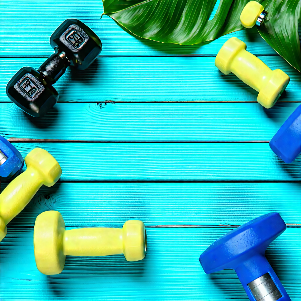 Lifestyle Drone Photography: Wellness Scene With Fitness Equipment With Wooden Table
