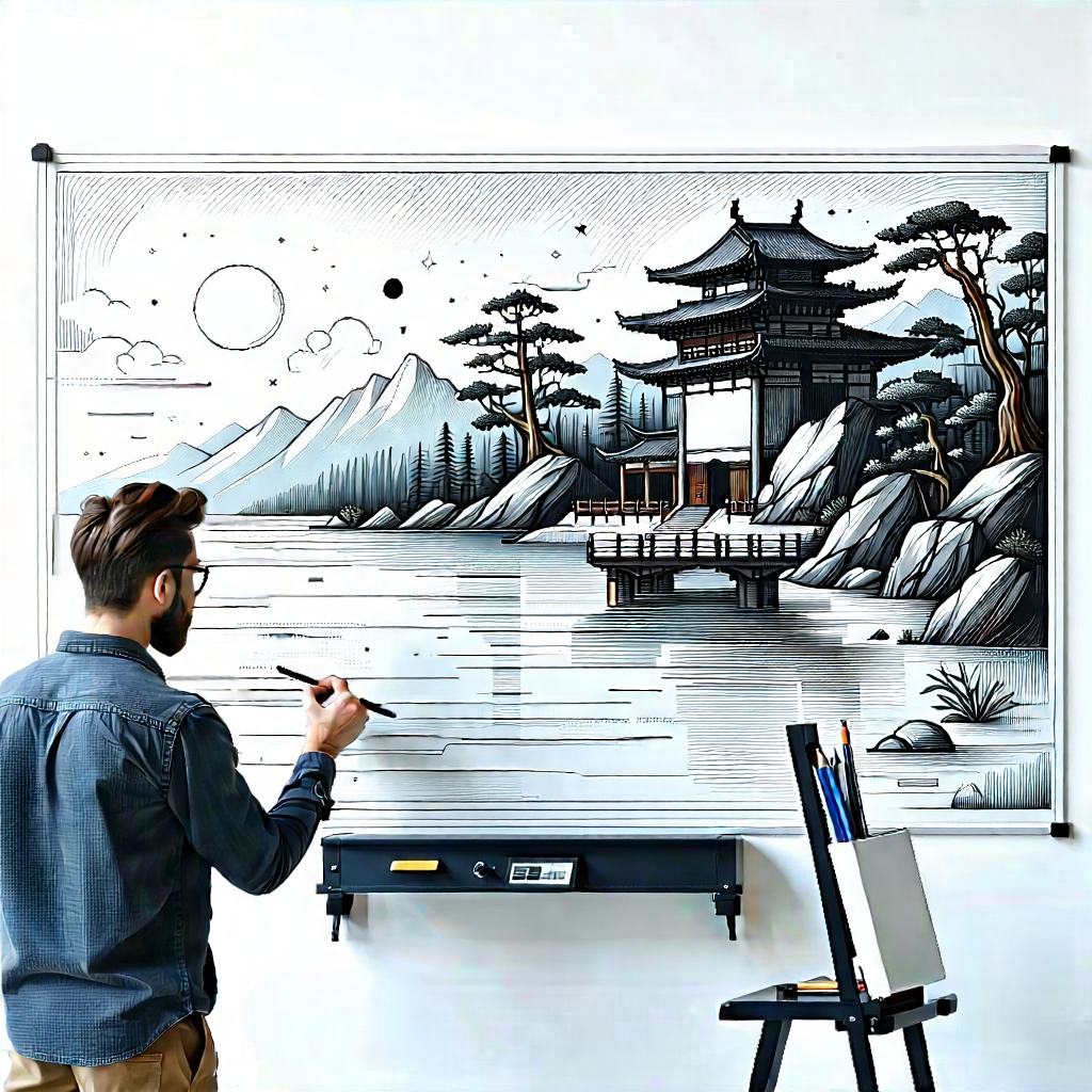 Business Linocut Print: Creative professional using digital whiteboard