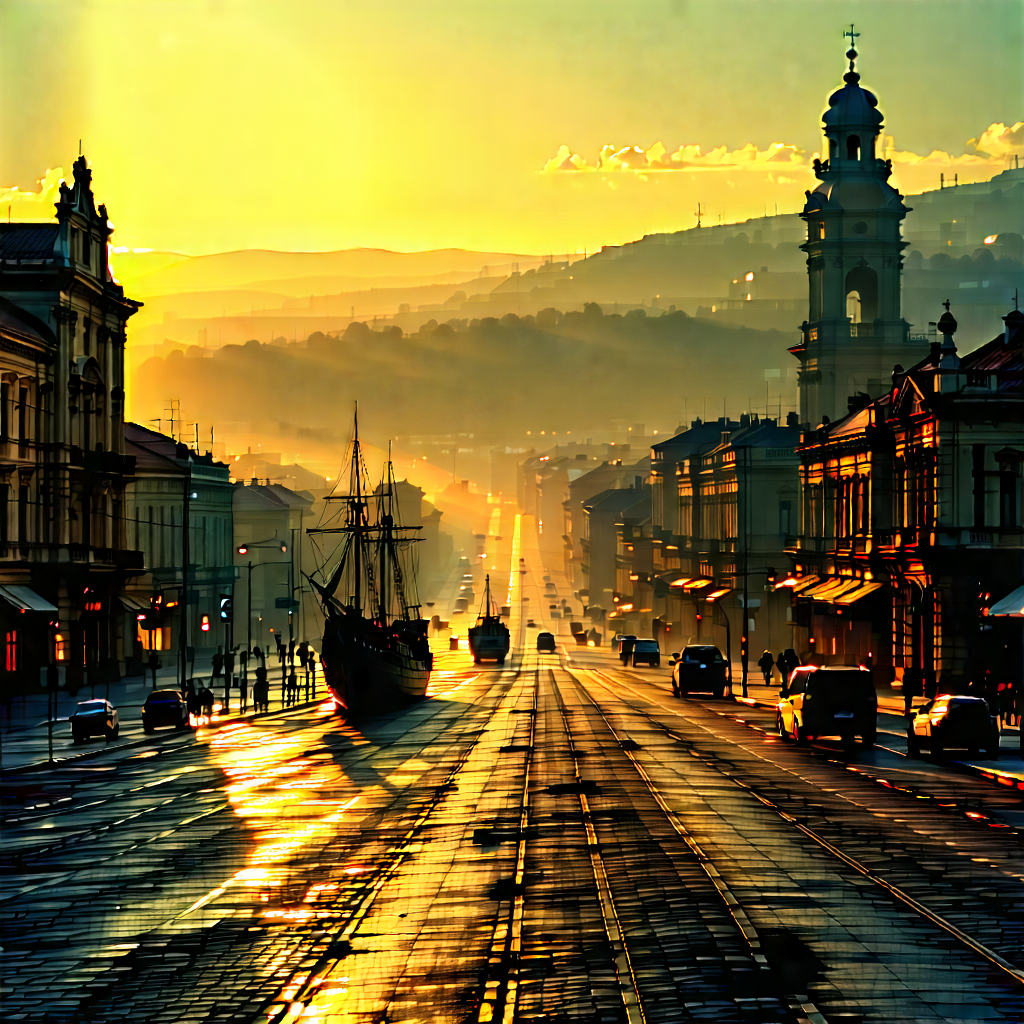 Urban Etching: Cityscape of historic city center during sunrise