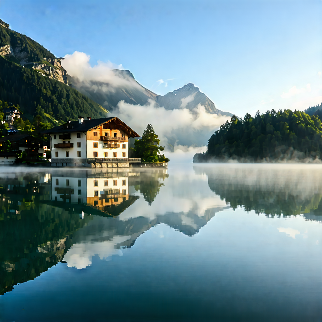 Nature Architectural Photography: Mist Over Alpine Lake With Beautiful Mountain