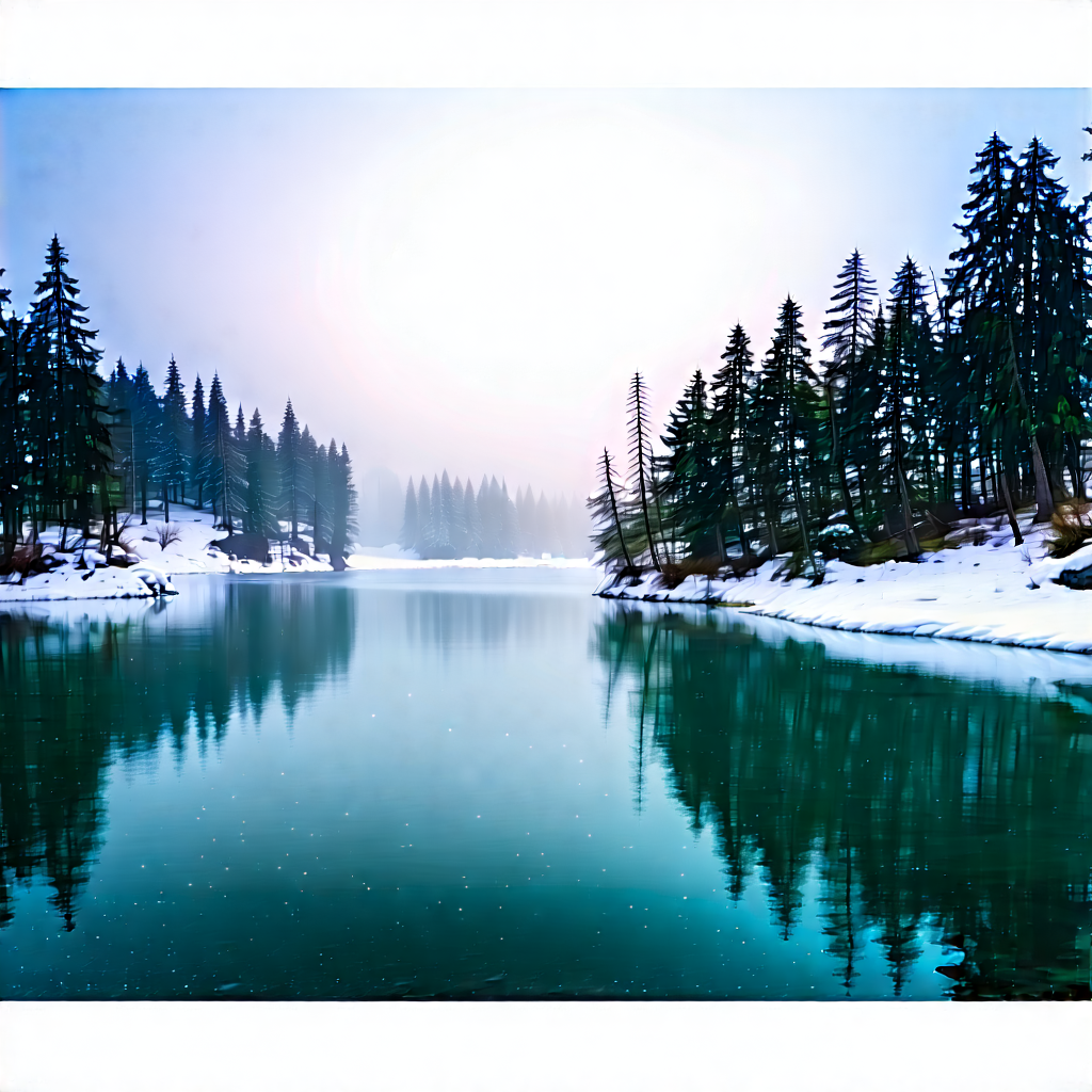 Nature Landscape Photography: Crystal Clear Lake Surrounded By (snow:1.47)-covered (trees:1.15) With Serene Lake