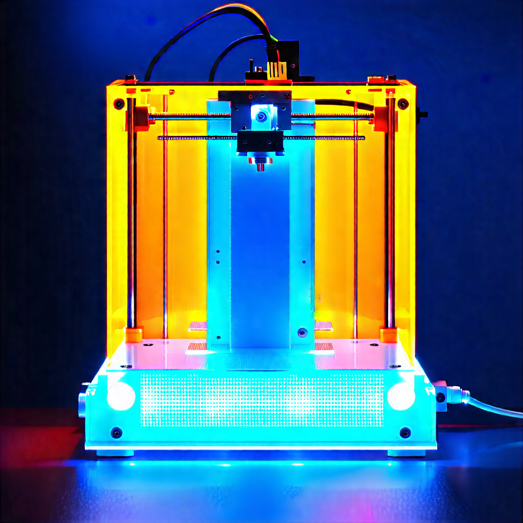 Tech Hdr Photography: 3d Printer With Blue Light (glow:1.18) With Blue Yellow