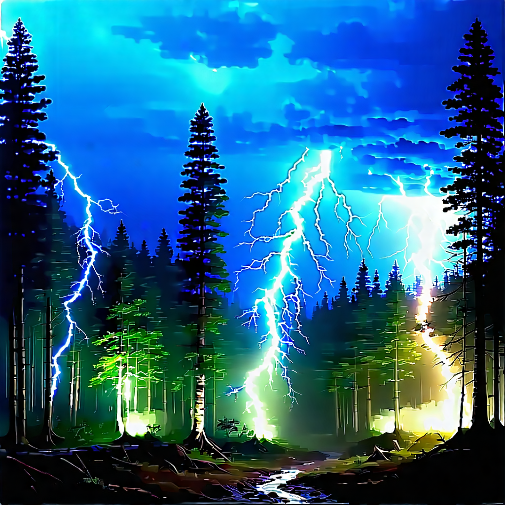 Nature Pastel Drawing: Lightning over forest clearing