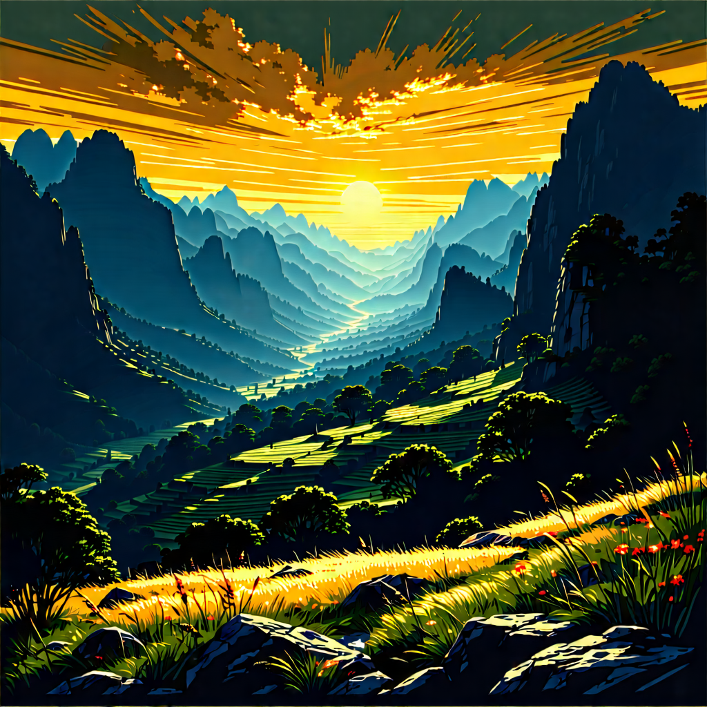 Nature Linocut Print: Valley During Golden Hour With Painting Beautiful