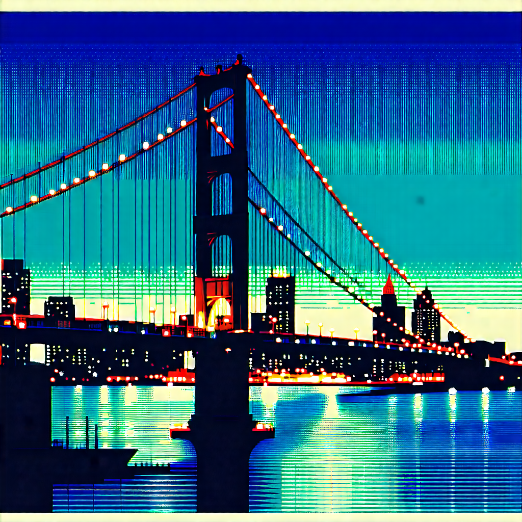 Urban Linocut Print: Iconic Bridge With City Lights With Large Bridge