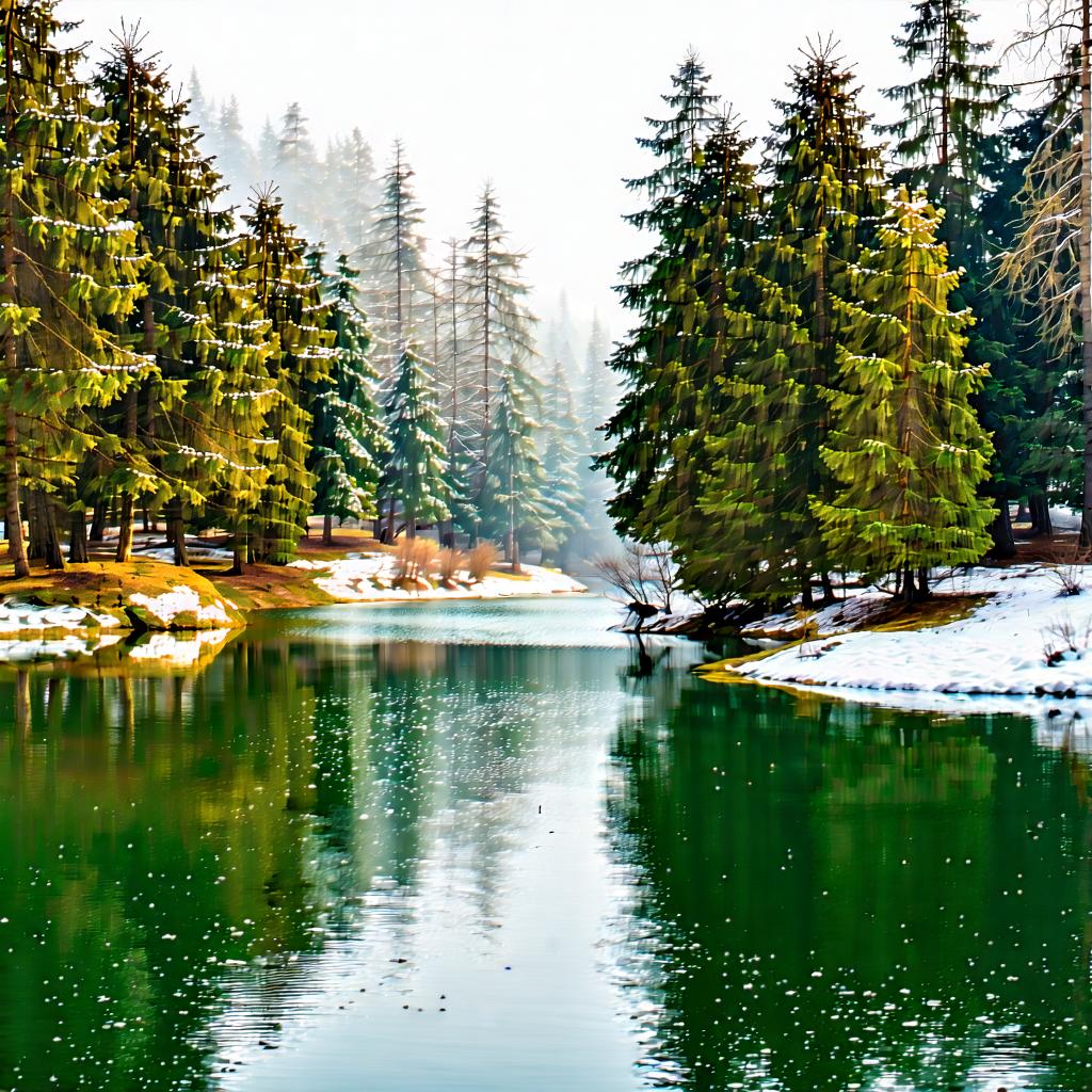 Nature Landscape Photography: Tranquil Pond Surrounded By Snow-covered (trees:1.34) With Serene Scene