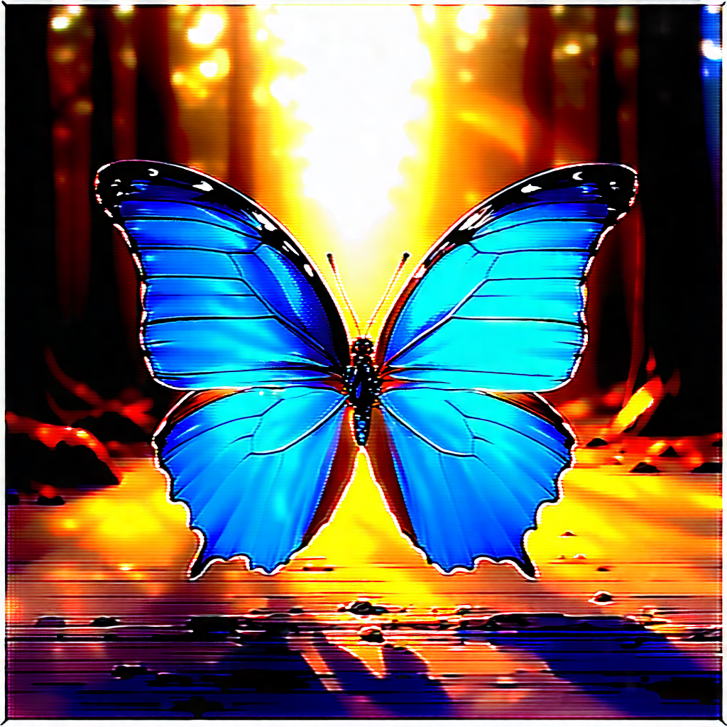 Nature Etching: Butterfly In Forest Environment With Blue Butterfly