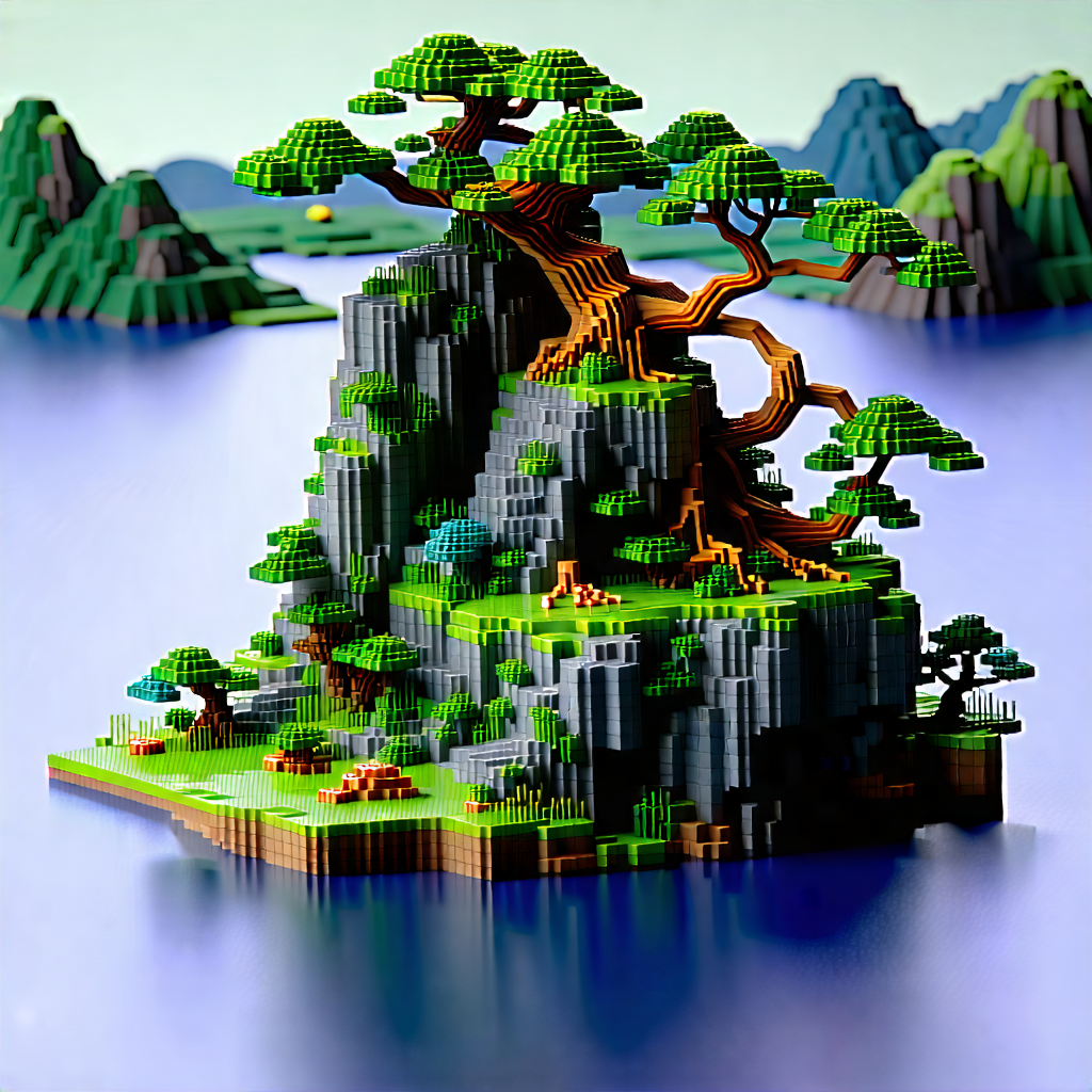 Nature Voxel Art: Rock Formation In Rainy Season With Model Tree