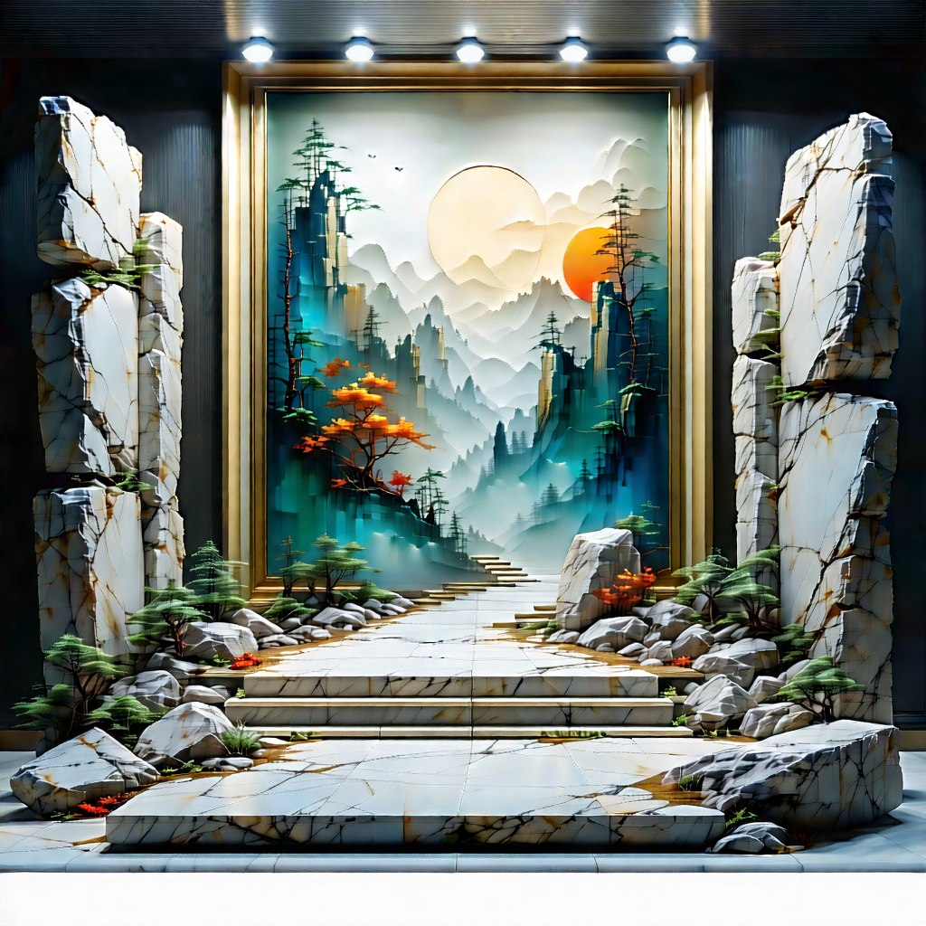 Abstract Oil Painting: Stone Installation With Gradient With Image, There