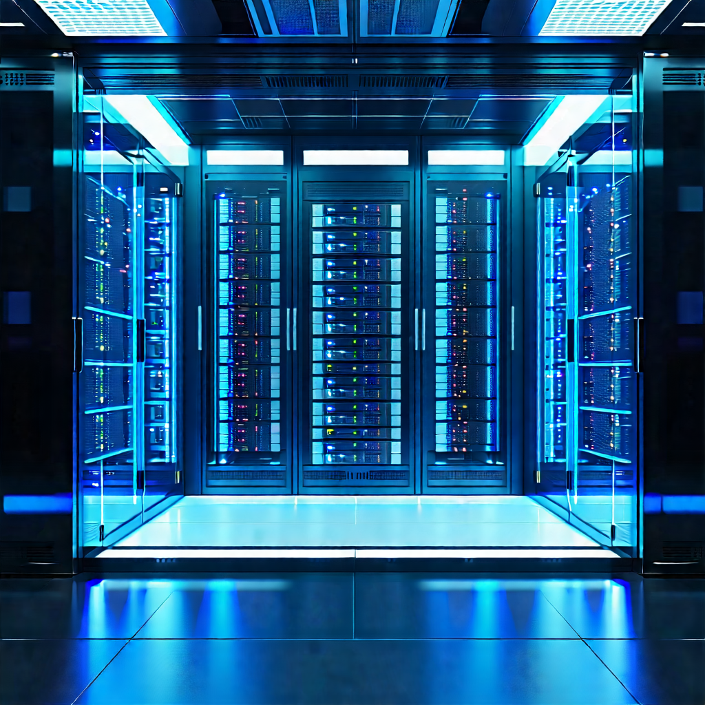 Tech Commercial Photography: Futuristic Server Room With Large, Blue-lit