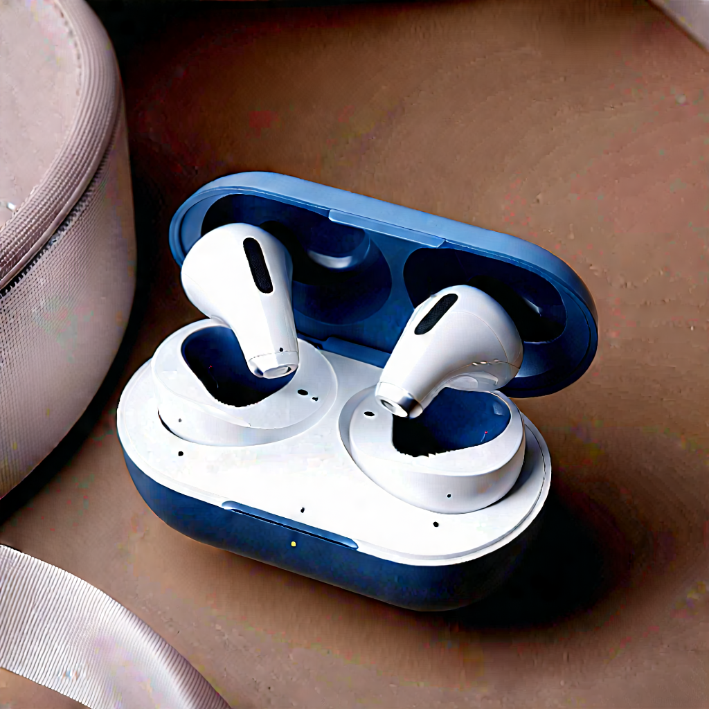 Tech Tilt-shift Photography: Wireless Earbuds With Digital Artwork With Blue Case