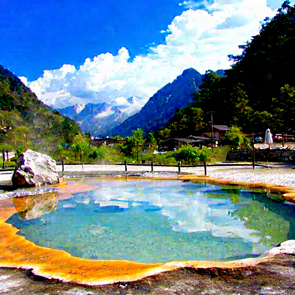 Nature Editorial Photography: Hot Spring Surrounded By Mountain Peaks With Large, Round,